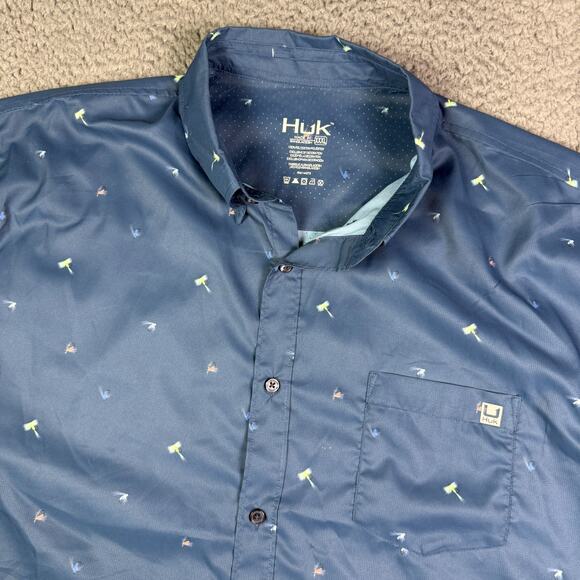 Huk Fly Hooks Teaser Shirt Mens 2XL Blue Performance Vented Fishing Short Sleeve - Picture 1 of 10